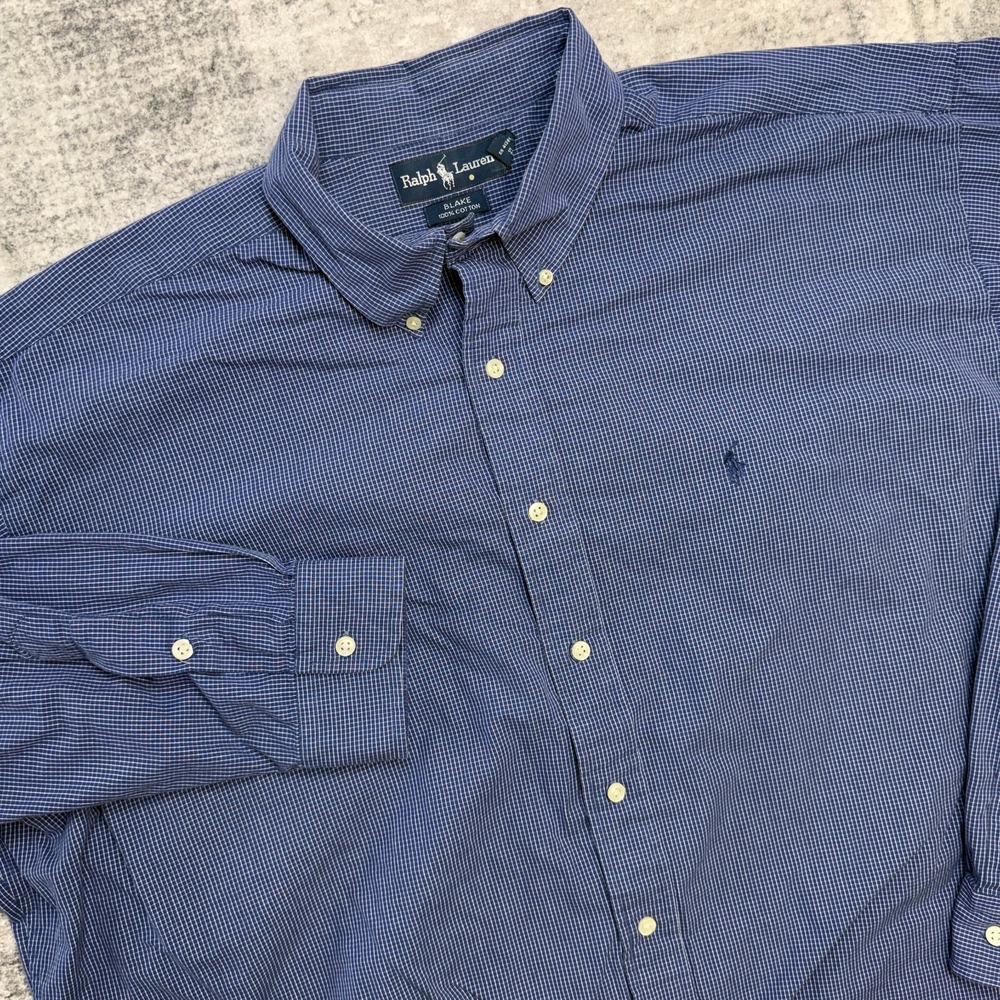 VTG Polo Ralph Lauren Shirt Men 2XL Blue Micro Check Blake Oversized Cotton Pony